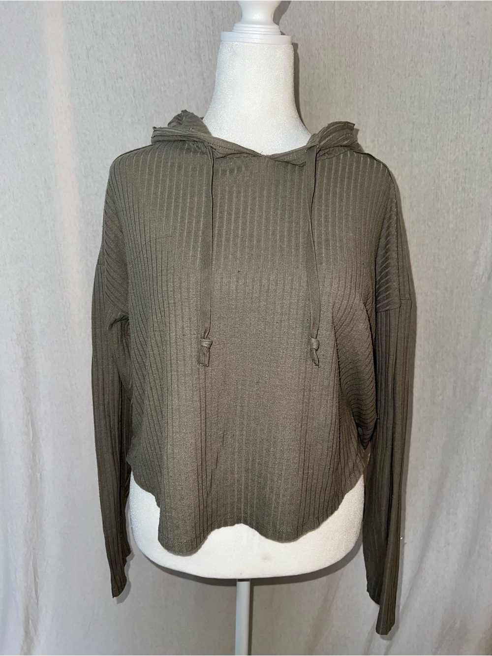 Pink Rose Olive Ribbed Hooded Long Sleeve Top